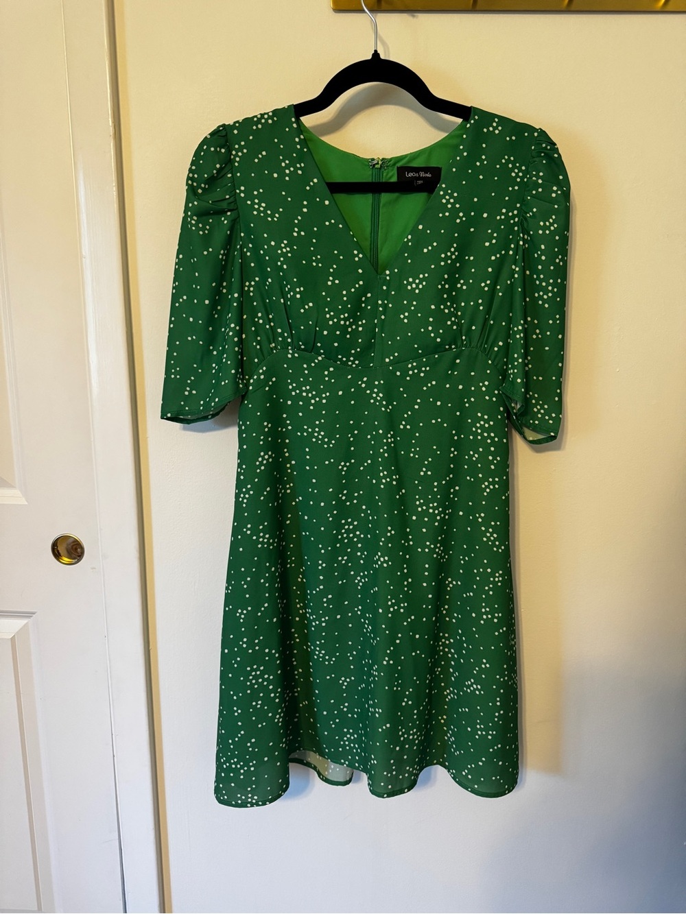 Lea & Viola Green V-Neck Polka Dot A-Line Dress